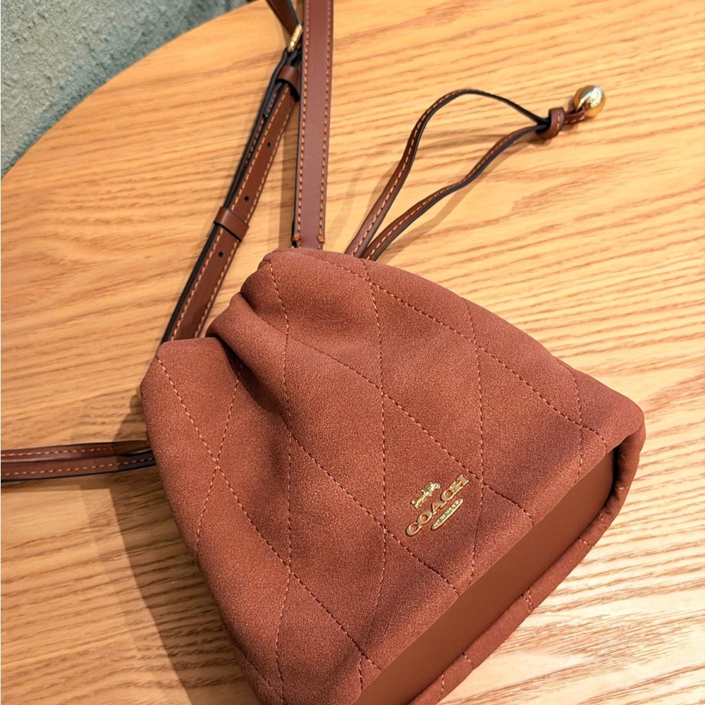 Coach Suede Mini Drawstring Bucket Bag in Rust Brown - Picture 3 of 9